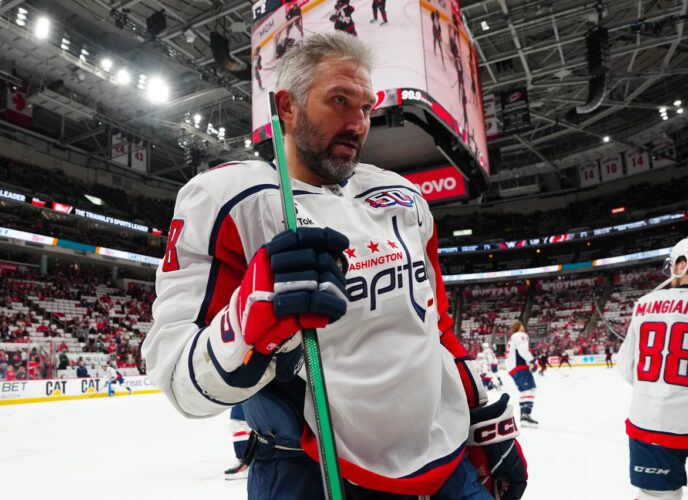 May 12, 2025; Raleigh, North Carolina, USA; Washington Capitals left wing Alex Ovechkin (8) comes off the ice after the warmups before the game against the Carolina Hurricanes in game four of the second round of the 2025 Stanley Cup Playoffs at Lenovo Center. Mandatory Credit: James Guillory-Imagn Images
