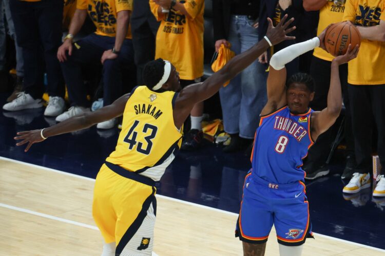 Jun 19, 2025; Indianapolis, Indiana, USA; Oklahoma City Thunder forward Jalen Williams (8) passes the ball defended by Indiana Pacers forward Pascal Siakam (43) in the first quarter during game six of the 2025 NBA Finals at Gainbridge Fieldhouse. Mandatory Credit: Trevor Ruszkowski-Imagn Images