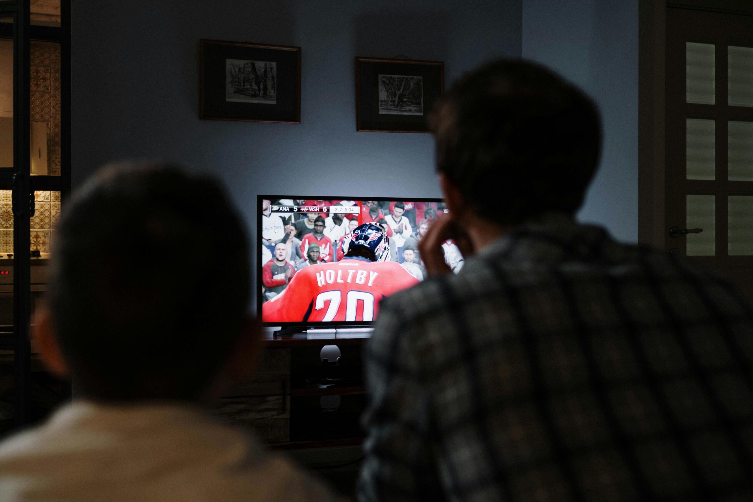 Two people are seen from behind watching game on a television in a dimly lit room.
