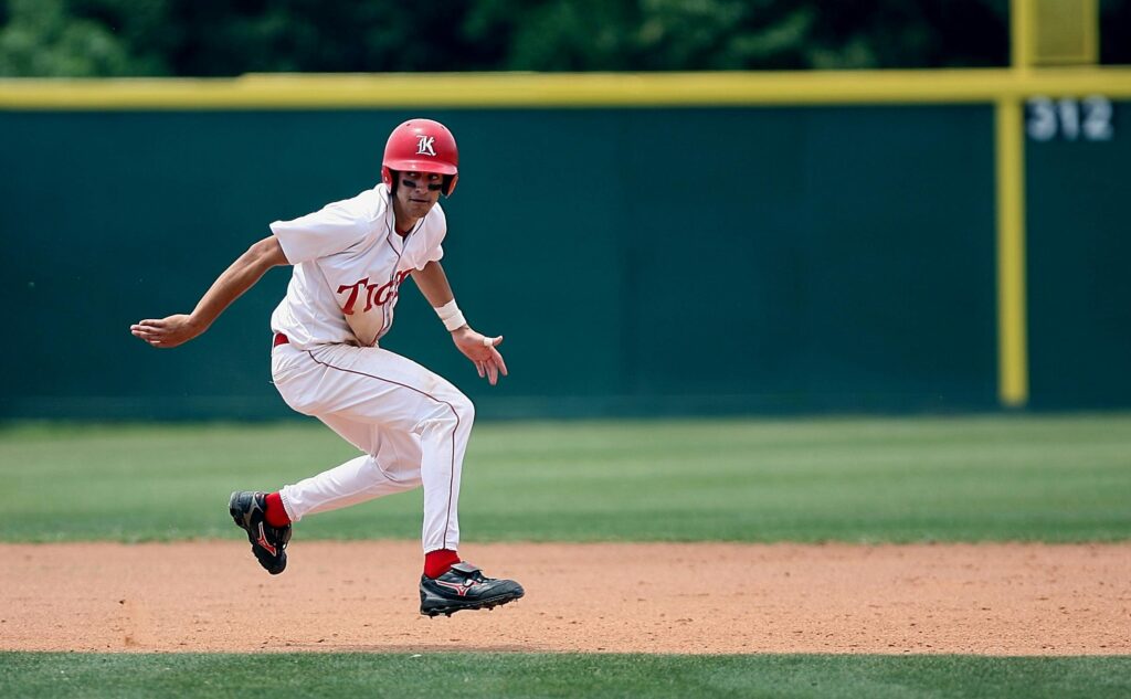 A baseball player, mid-game.