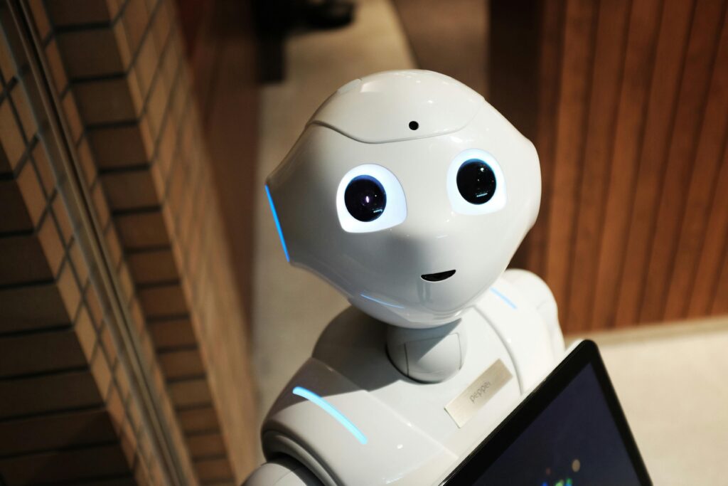 A close-up shot of an AI robot looking at the camera.